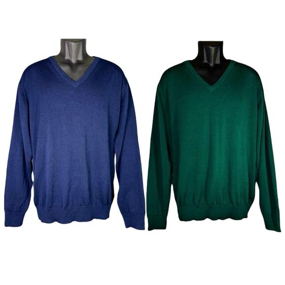 Lot of 2 Fields Classics Mens Large 100% Soft Wool Green Navy Sweater Washable - Picture 1 of 10